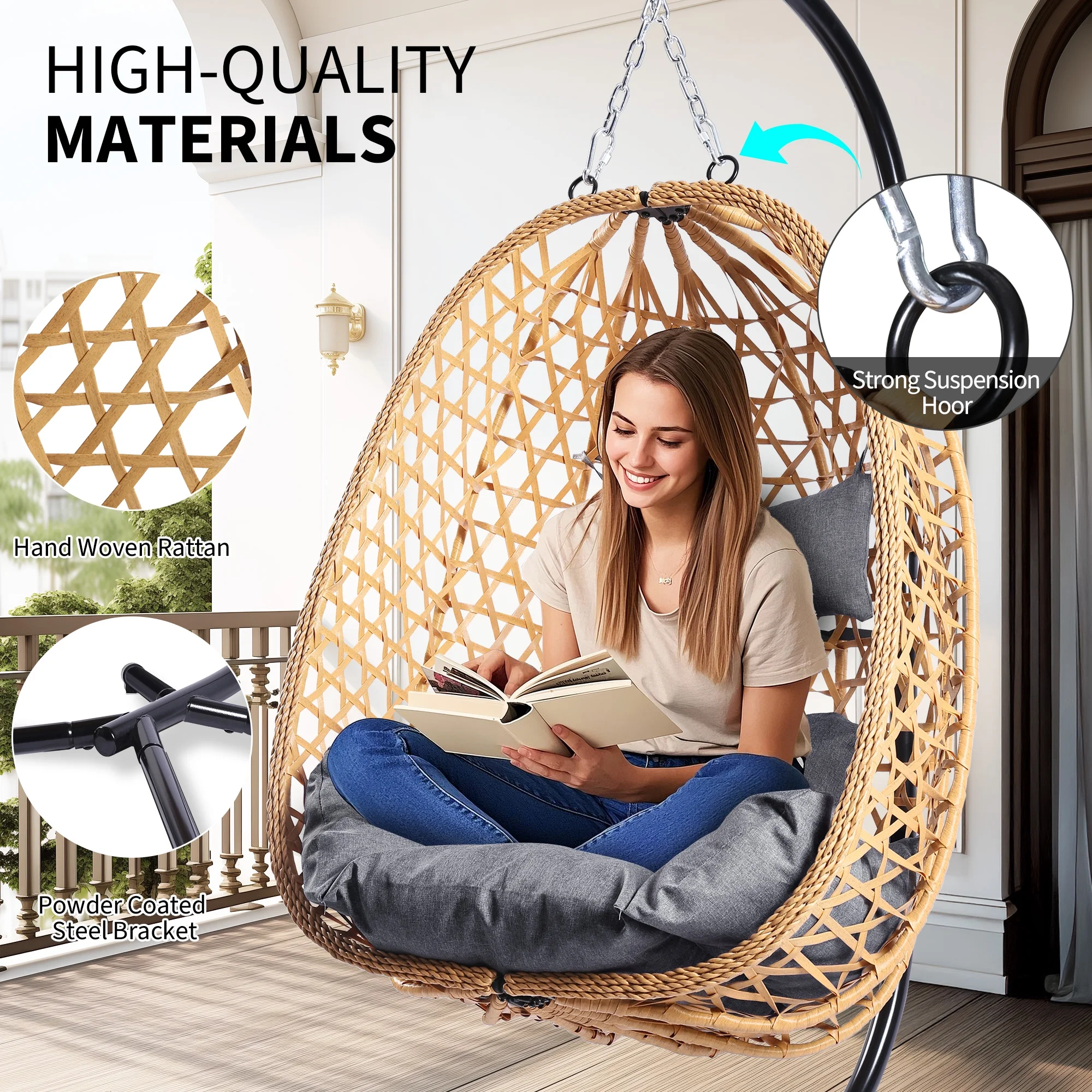 Minhaj - Hanging Egg Chair with Stand and Cushions - Image 13