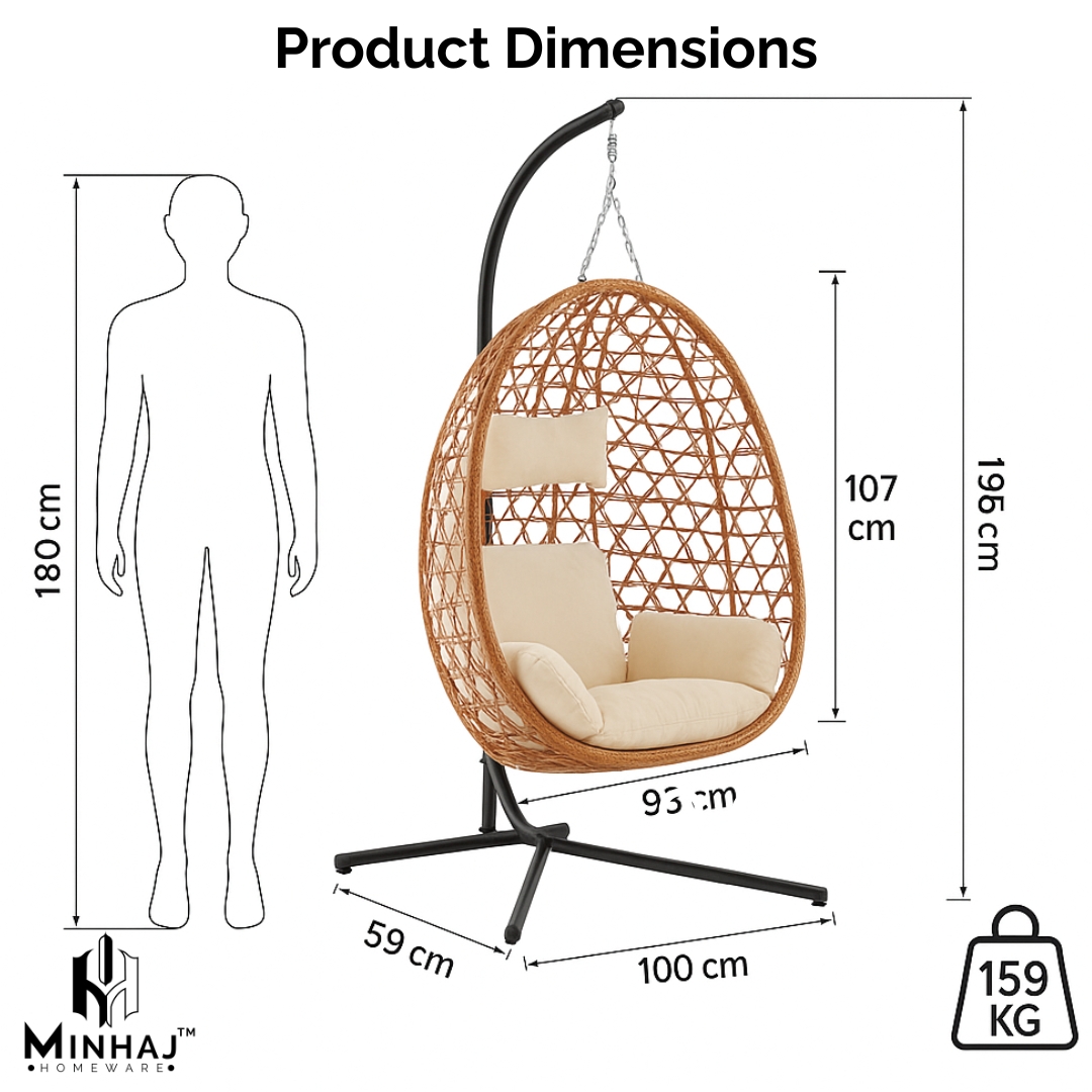 Minhaj - Hanging Egg Chair with Stand and Cushions - Image 3
