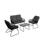 4-Piece Minhaj Rattan Patio Furniture Set ? Modern All-Weather Outdoor Conversation Set with Loveseat, 2 Chairs, Cushions, and Glass-Top Metal Table.